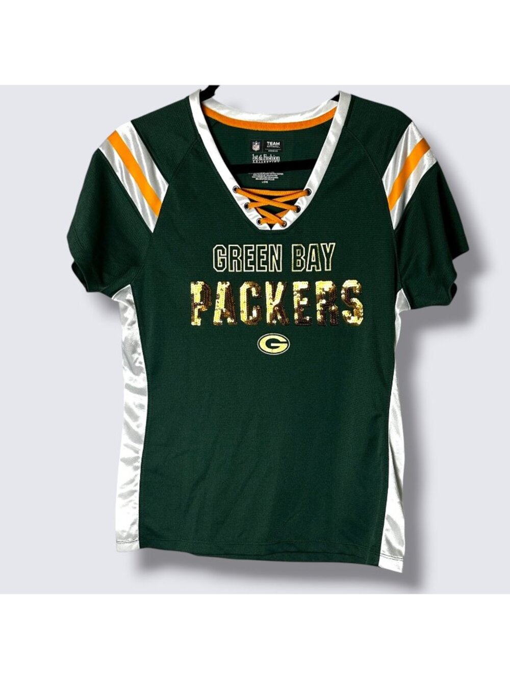 Green Bay Packers Womens Sequin Lace-Up Jersey Shirt Size L NFL Team Apparel